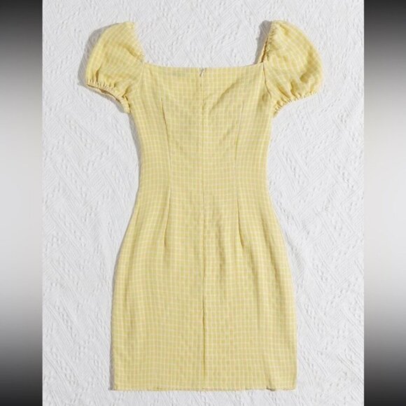 NWOT SHEIN Yellow Puff Sleeve Short Sleeve Gingham Mini Sundress Women’s Small - Picture 2 of 7